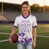 Custom White - Purple Graphic Splash Pattern Football Jersey – worn by a woman