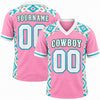 Custom Light Pink - White - Turquoise Western Aztec Pink Cowboy Football Jersey – front and back view