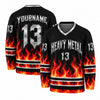 Custom Black - Red - Orange Flames Heavy Metal Hockey Jersey – front and back view