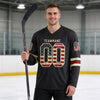 Custom Black - Blue - Cream - White - Red Vintage American Flag-Inspired Triple Stripes Hockey Jersey – worn by a man