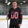 Custom Black - Blue - White - Red Vintage American Flag-Inspired Triple Stripes Hockey Jersey – worn by a man