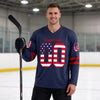 Custom Navy - Red - White - Blue Vintage American Flag-Inspired Triple Stripes Hockey Jersey – worn by a man