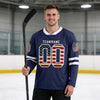 Custom Navy - White - Red - Blue Vintage American Flag-Inspired Triple Stripes Hockey Jersey – worn by a man
