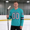 Custom Aqua - Gray - Navy Triple Stripes Hockey Jersey – worn by a man