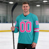 Custom Aqua - Pink - White Triple Stripes Hockey Jersey – worn by a man