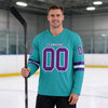 Custom Aqua - Purple - White Triple Stripes Hockey Jersey – worn by a man