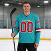 Custom Aqua - Red - White Triple Stripes Hockey Jersey – worn by a man