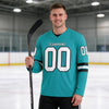 Custom Aqua - White - Black Triple Stripes Hockey Jersey – worn by a man