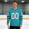 Custom Aqua - White - Navy Triple Stripes Hockey Jersey – worn by a man