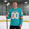 Custom Aqua - White - Orange Triple Stripes Hockey Jersey – worn by a man