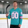 Custom Aqua - White - Pink Triple Stripes Hockey Jersey – worn by a man