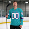 Custom Aqua - White - Purple Triple Stripes Hockey Jersey – worn by a man