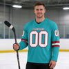 Custom Aqua - White - Red Triple Stripes Hockey Jersey – worn by a man