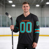 Custom Black - Aqua - Orange Triple Stripes Hockey Jersey – worn by a man