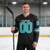 Custom Black - Aqua - White Triple Stripes Hockey Jersey – worn by a man