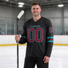 Custom Black - Crimson - Teal Triple Stripes Hockey Jersey – worn by a man