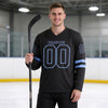 Custom Black - Light Blue Triple Stripes Hockey Jersey – worn by a man