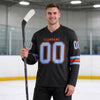 Custom Black - Light Blue - Orange Triple Stripes Hockey Jersey – worn by a man