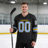 Custom Black - Light Blue - Yellow Triple Stripes Hockey Jersey – worn by a man