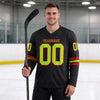 Custom Black - Neon Green - Red Triple Stripes Hockey Jersey – worn by a man