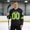 Custom Black - Neon Green - White Triple Stripes Hockey Jersey – worn by a man