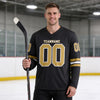Custom Black - Old Gold - White Triple Stripes Hockey Jersey – worn by a man