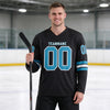 Custom Black - Panther Blue - White Triple Stripes Hockey Jersey – worn by a man