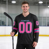 Custom Black - Pink - Light Blue Triple Stripes Hockey Jersey – worn by a man