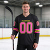 Custom Black - Pink - Yellow Triple Stripes Hockey Jersey – worn by a man
