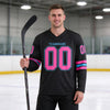 Custom Black - Pink - Sky Blue Triple Stripes Hockey Jersey – worn by a man