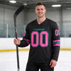 Custom Black - Pink - Teal Triple Stripes Hockey Jersey – worn by a man