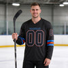 Custom Black - Powder Blue - Orange Triple Stripes Hockey Jersey – worn by a man