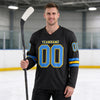 Custom Black - Powder Blue - Yellow Triple Stripes Hockey Jersey – worn by a man