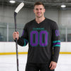 Custom Black - Purple - Teal Triple Stripes Hockey Jersey – worn by a man