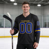 Custom Black - Royal - Old Gold Triple Stripes Hockey Jersey – worn by a man