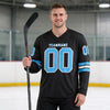 Custom Black - Sky Blue - White Triple Stripes Hockey Jersey – worn by a man