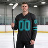 Custom Black - Teal Triple Stripes Hockey Jersey – worn by a man