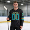 Custom Black - Teal - Old Gold Triple Stripes Hockey Jersey – worn by a man