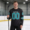 Custom Black - Teal - White Triple Stripes Hockey Jersey – worn by a man