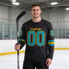 Custom Black - Teal - Yellow Triple Stripes Hockey Jersey – worn by a man