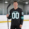 Custom Black - White - Aqua Triple Stripes Hockey Jersey – worn by a man