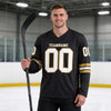 Custom Black - Old Gold - White Triple Stripes Hockey Jersey – worn by a man