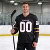 Custom Black - White - Old Gold - Purple Triple Stripes Hockey Jersey – worn by a man