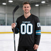 Custom Black - Panther Blue - White Triple Stripes Hockey Jersey – worn by a man