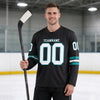 Custom Black - White - Teal Triple Stripes Hockey Jersey – worn by a man