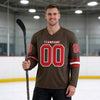 Custom Brown - Red - White Triple Stripes Hockey Jersey – worn by a man