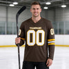 Custom Brown - White - Gold Triple Stripes Hockey Jersey – worn by a man