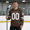 Custom Brown - White Triple Stripes Hockey Jersey – worn by a man