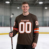 Custom Brown - White - Orange Triple Stripes Hockey Jersey – worn by a man