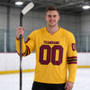 Custom Gold - Crimson - Black Triple Stripes Hockey Jersey – worn by a man